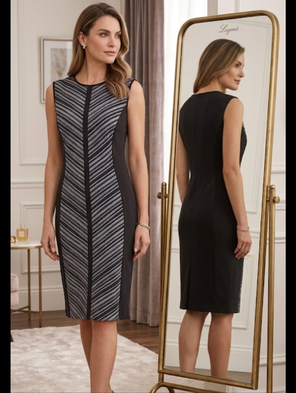 Slimming knit sheath Dress 12 black grey panels RM Richards